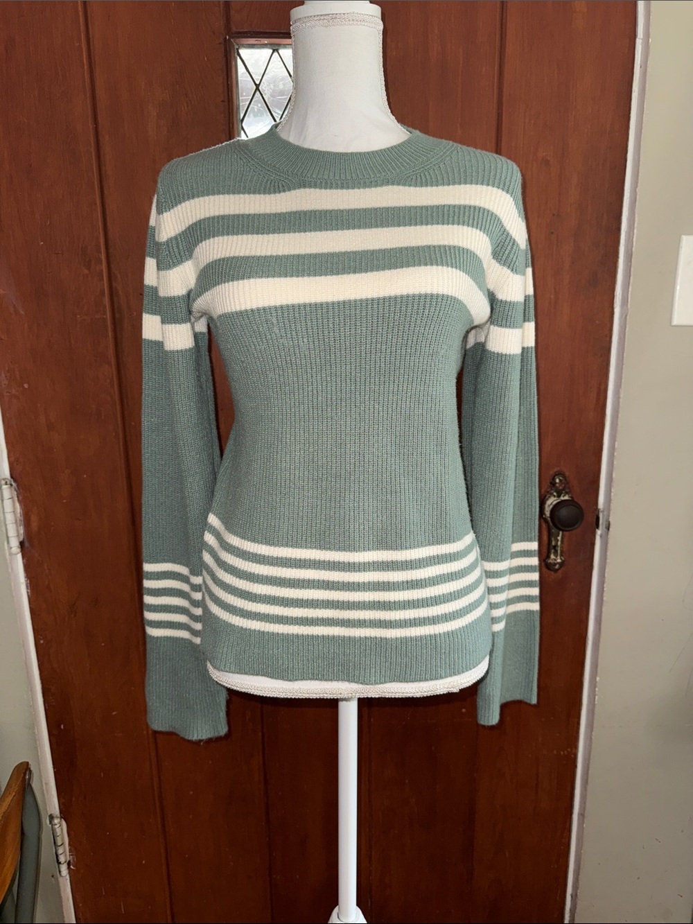 Cyrus Striped Crewneck Sweater in Sage and White Small